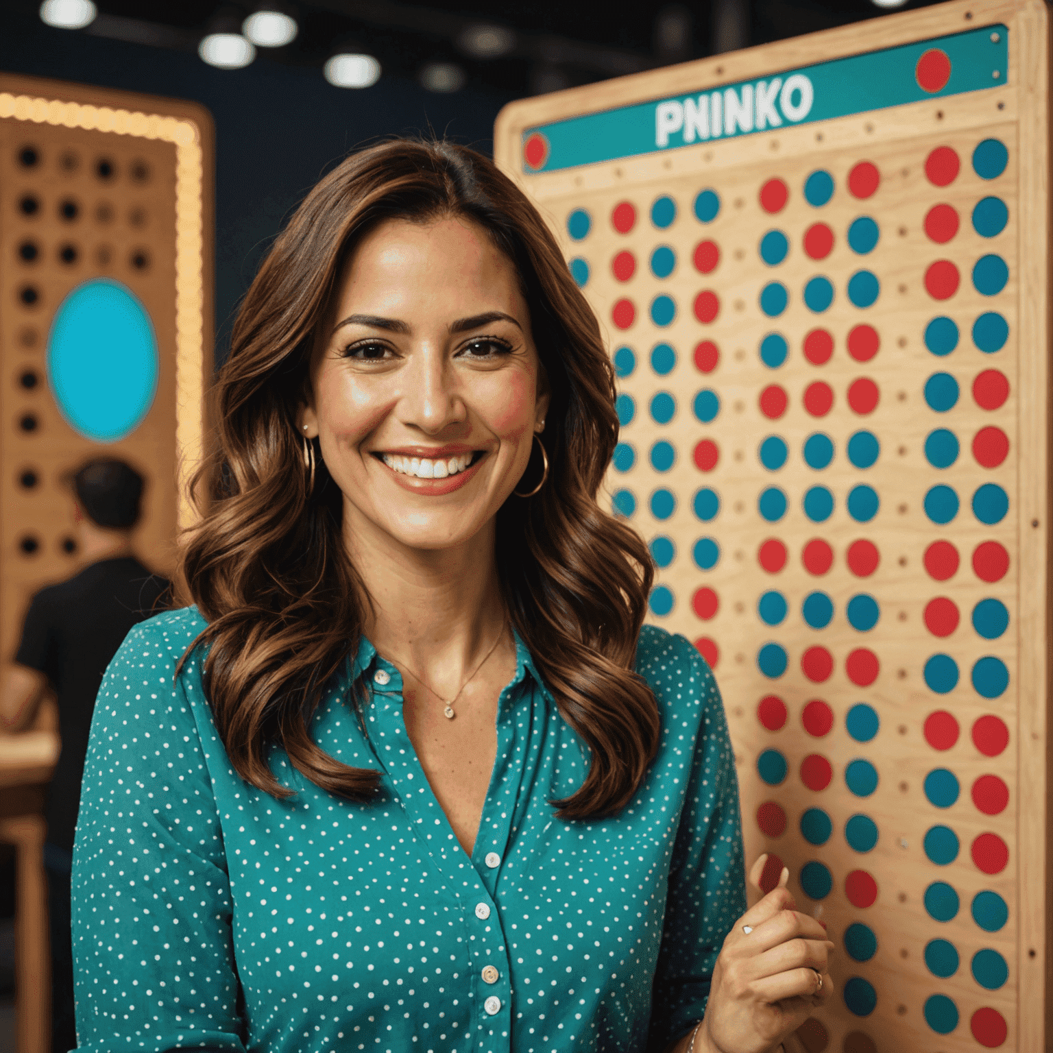 Foto de María González, experta en Plinko, sonriendo y sosteniendo un tablero de Plinko