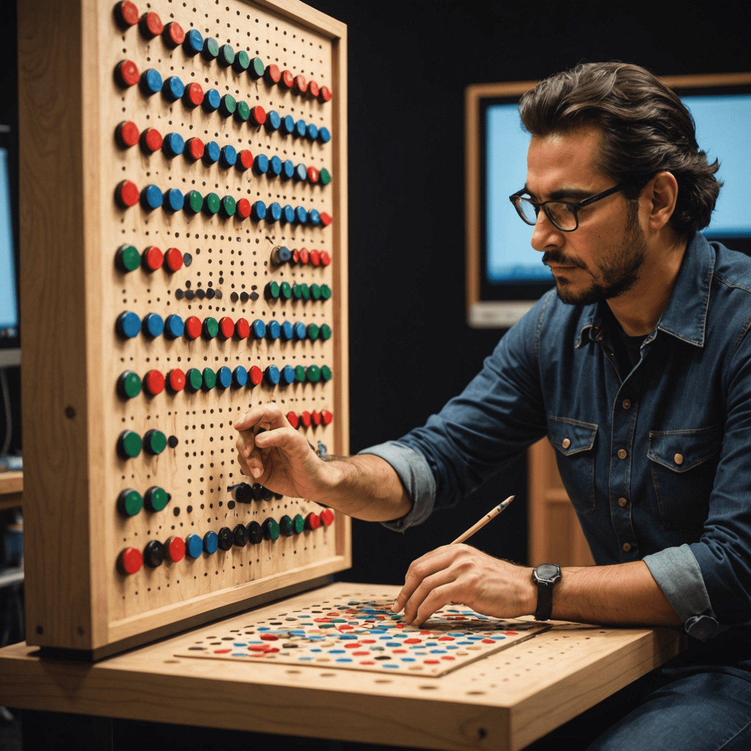 Foto de Carlos Rodríguez, diseñador de juegos, trabajando en un prototipo de tablero de Plinko