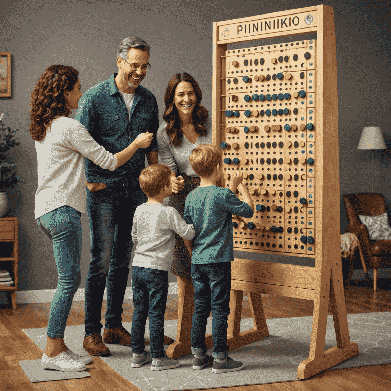 Familia feliz jugando Plinko juntos, demostrando que es un juego divertido para todas las edades