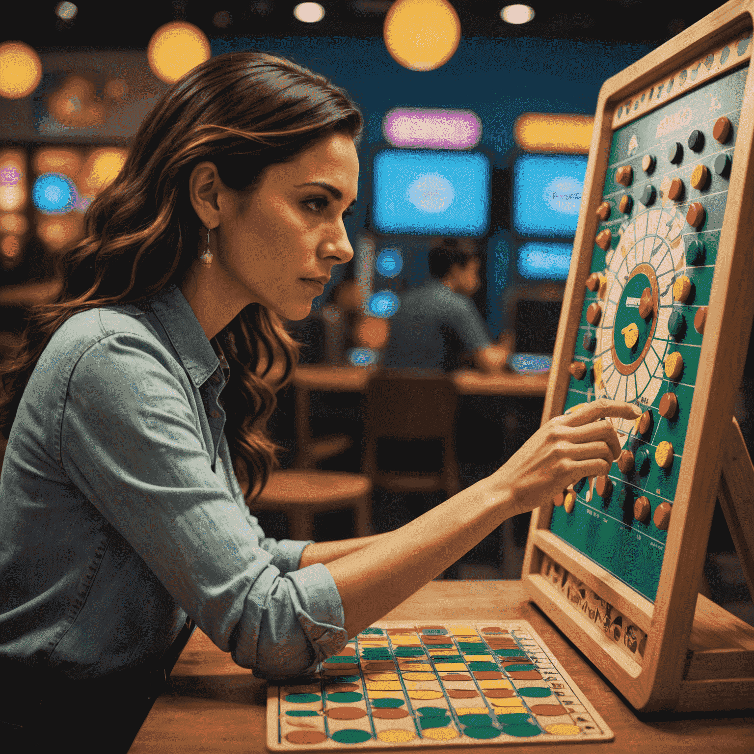 Foto de Ana Martínez, estratega de Plinko, analizando un tablero de juego