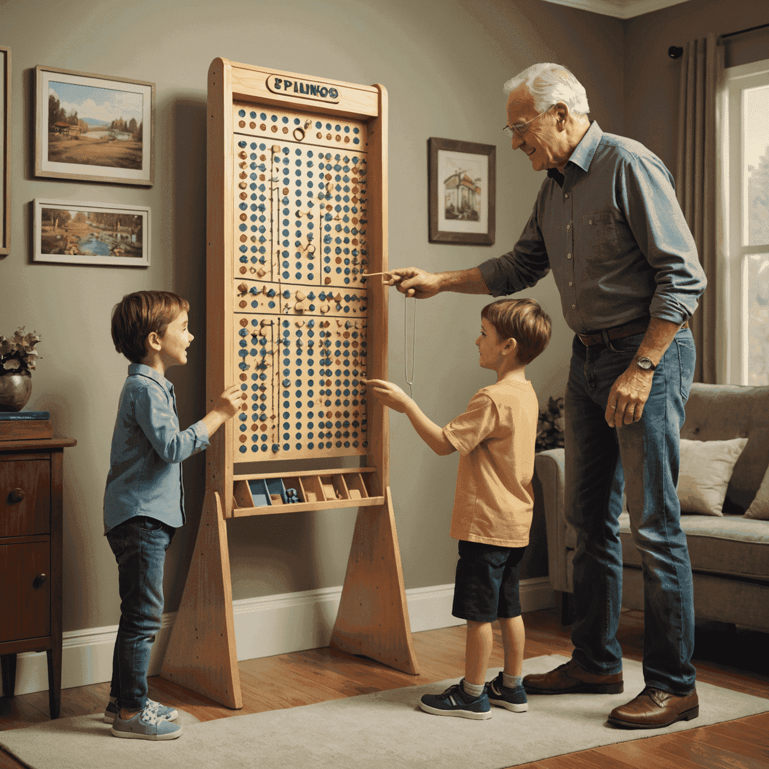 Familia jugando Plinko en casa, mostrando la diversión intergeneracional y el atractivo duradero del juego